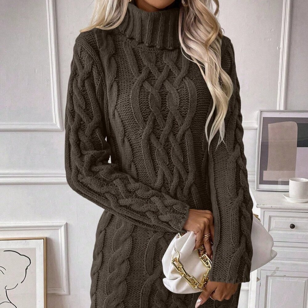 Brown Casual Women's Turtleneck Cable Knit Sweater Dress
